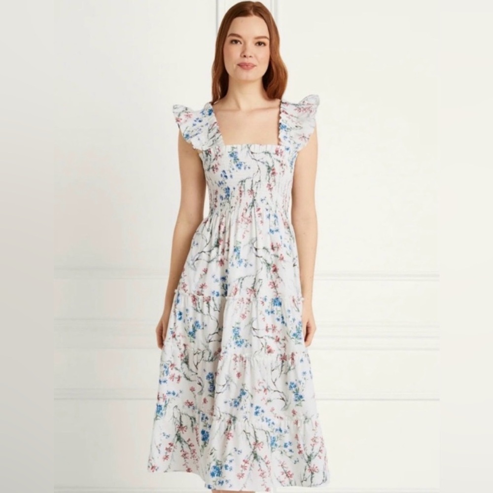 White Floral Square-Neck Midi Dress with Ruffle Sleeves